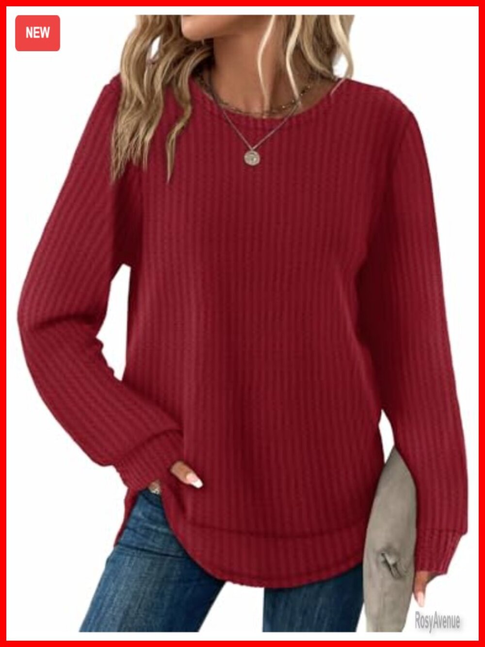 Waffle Knit Tunic Top Long Sleeve Curved Hem Crew Neck Loose Fit Casual
